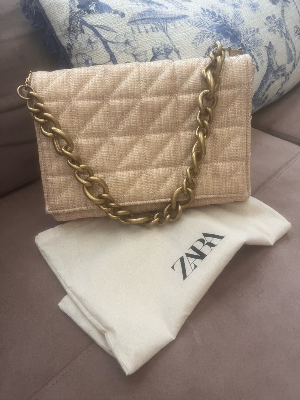 ZARA Tweed Beige Shoulder Bag with Gold Chain